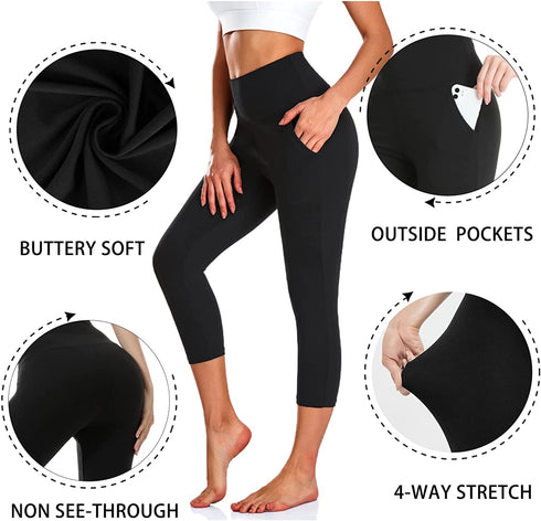 3 Pack Capri Leggings for Women with Pockets-High Waisted Tummy Control Workout Gym Yoga Pants Black